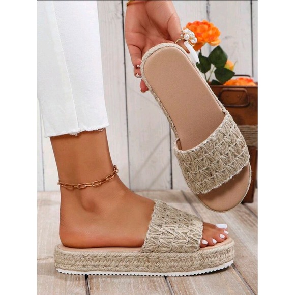 Woven Espadrille Platform Sandals Open Toe Slide On Slippers - Picture 1 of 5